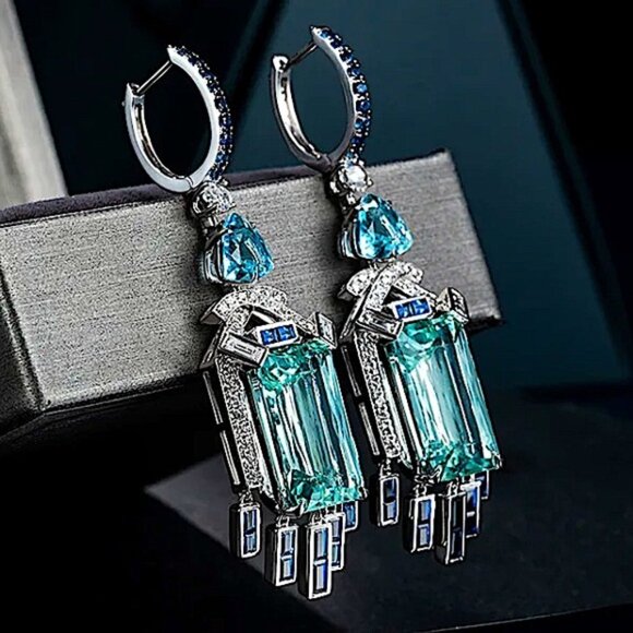Sterling Silver Aquarium Earrings Cubic Zircon Sapphire, Gemstone - Picture 1 of 5